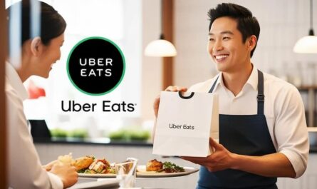 Image of Uber Eat delivery staff and a customer