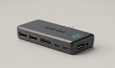 A photograph of a sleek, modern Android Auto wireless adapter
