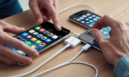 Image of a male Caucasian carefully transferring same apps on new phone from an old phone
